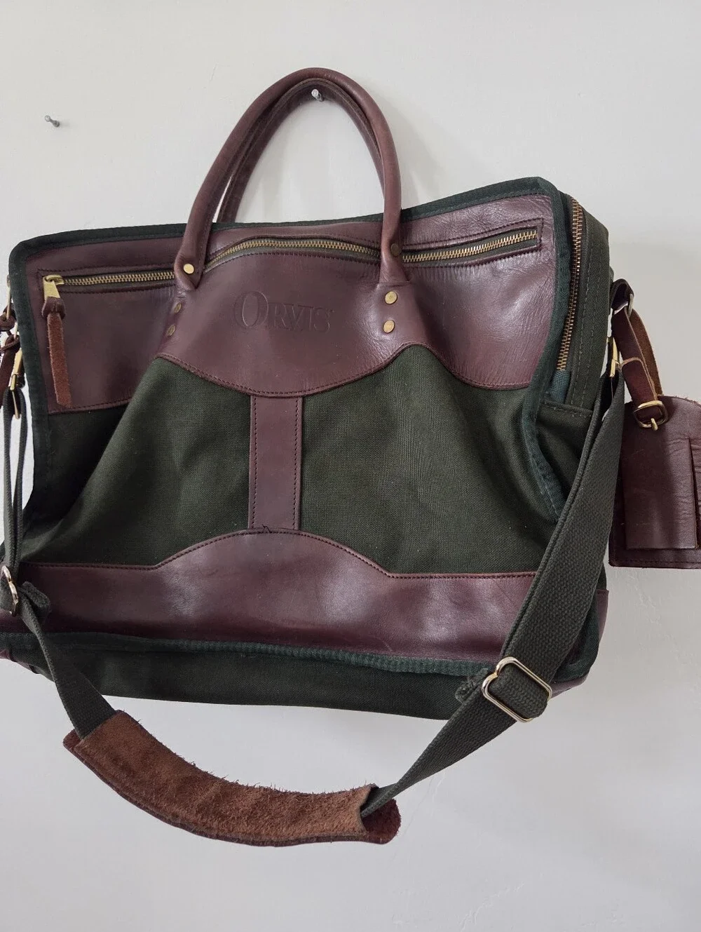 Vintage Orvis Battenkill Canvas Leather Tote Messenger Bag Green Heritage Preppy